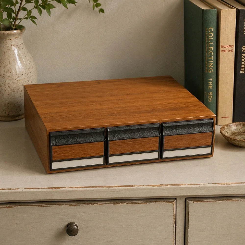 Vintage Cassette Tape Storage Cabinet 3 Drawer Faux Wood Grain Media Organizer